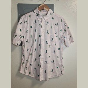 Goodfellow M slim button short sleeve shirt, light pink cactus print, cotton